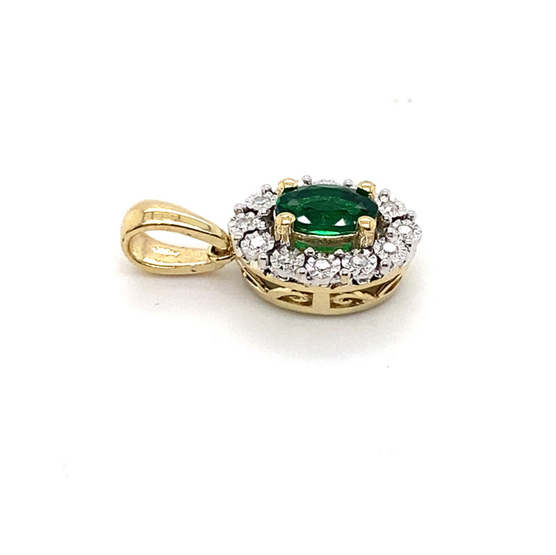 9CT YELLOW GOLD SYNTHETIC EMERALD SURROUNDED BY DIAMONDS PENDANT