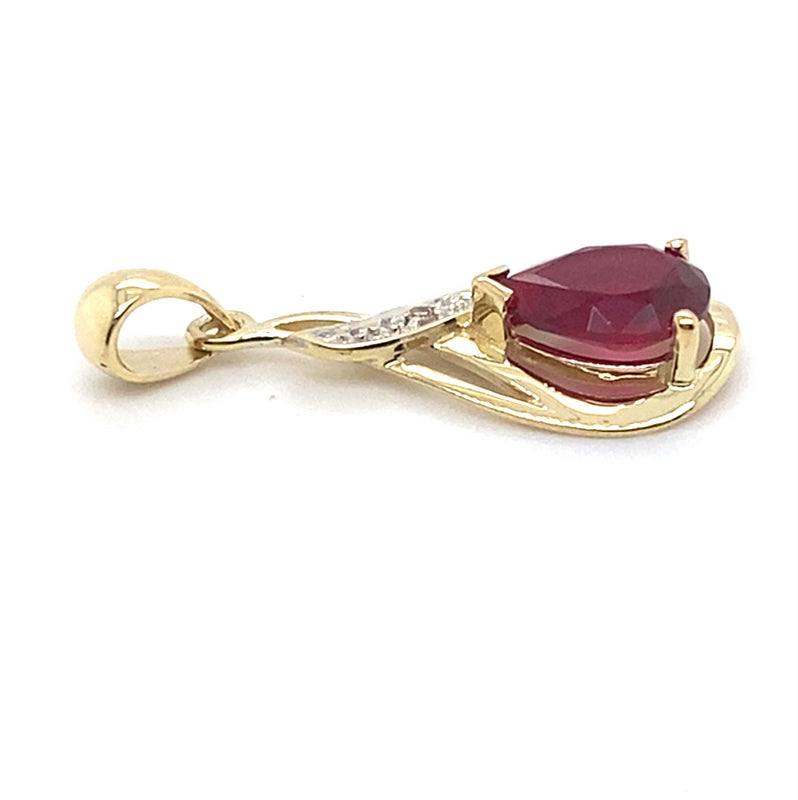 9CT YELLOW GOLD SYNTHETIC RUBY & DIAMOND SET IN DROP STYLE PENDANT