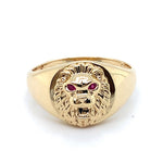 9CT YELLOW GOLD SYNTHETIC RUBIES SET IN LIONS HEAD MENS DRESS RING