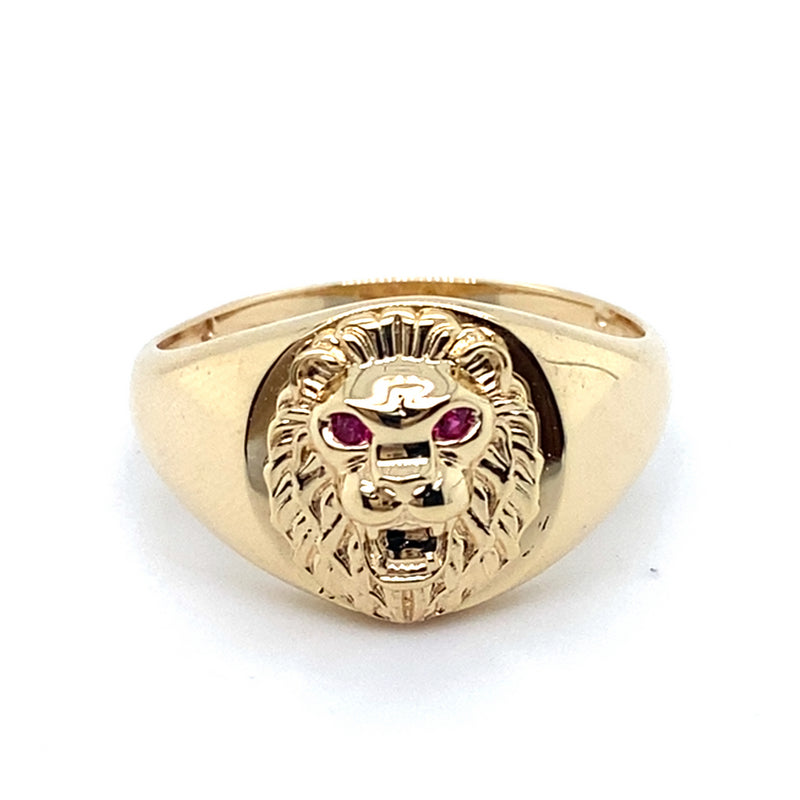 9CT YELLOW GOLD SYNTHETIC RUBIES SET IN LIONS HEAD MENS DRESS RING