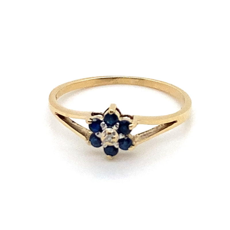 9CT YELLOW GOLD DIAMOND SURROUNDED BY SAPPHIRES IN CLUSTER SETTING DRESS RING