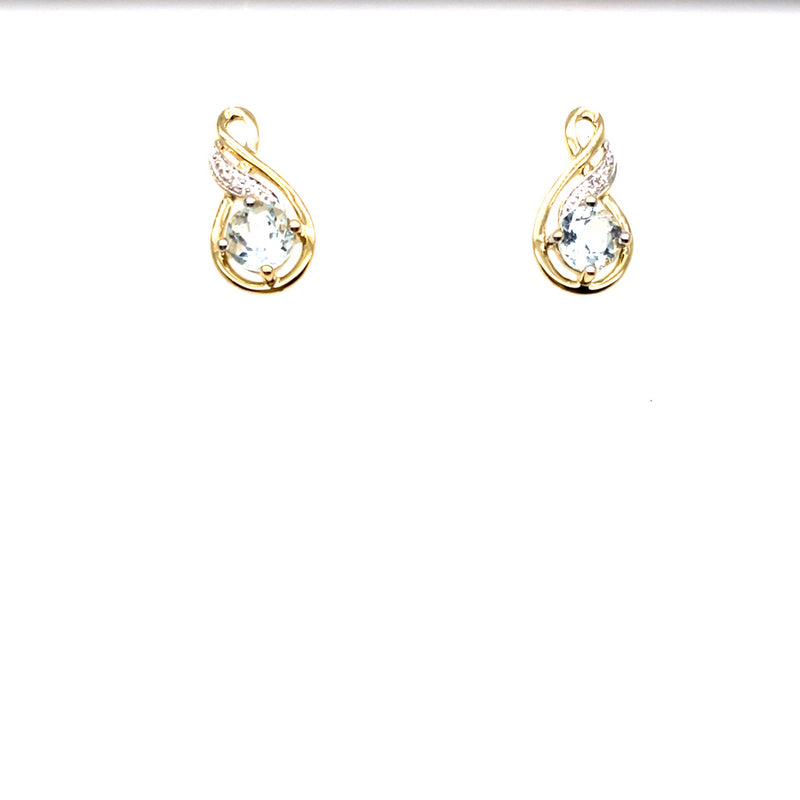 9CT YELLOW GOLD AQUAMARINE & DIAMONDS SET IN CROSSOVER STYLE STUD EARRINGS