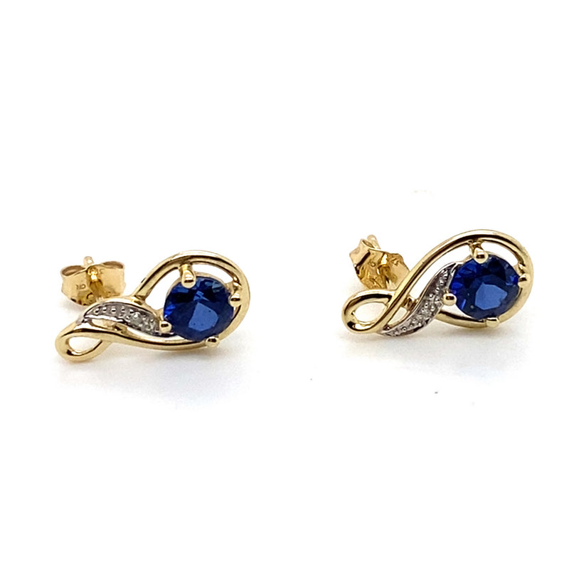 9CT YELLOW GOLD CRESTED SAPPHIRE & DIAMOND STUD EARRINGS