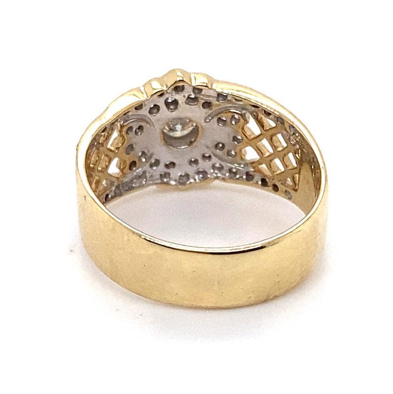 9CT TYELLOW GOLD FILIGREE PATTERN DIAMOND DRESS RING VALUED @ $2999