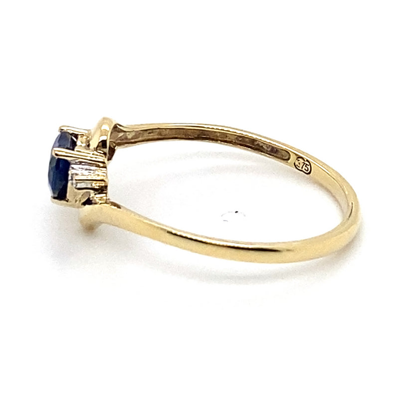 9CT YELLOW GOLD HEART CUT SYNTHETIC SAPPHIRE & DIAMOND DRESS RING