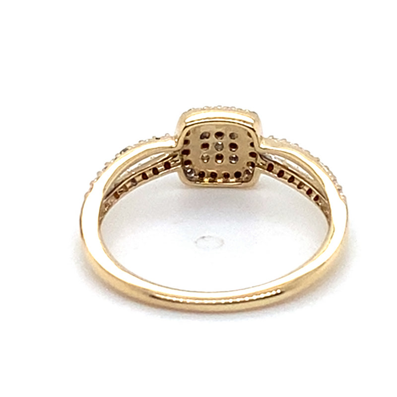 9CT YELLOW GOLD DIAMONDS SET IN CLUSTER & SPLIT SHOULDER DRESS RING