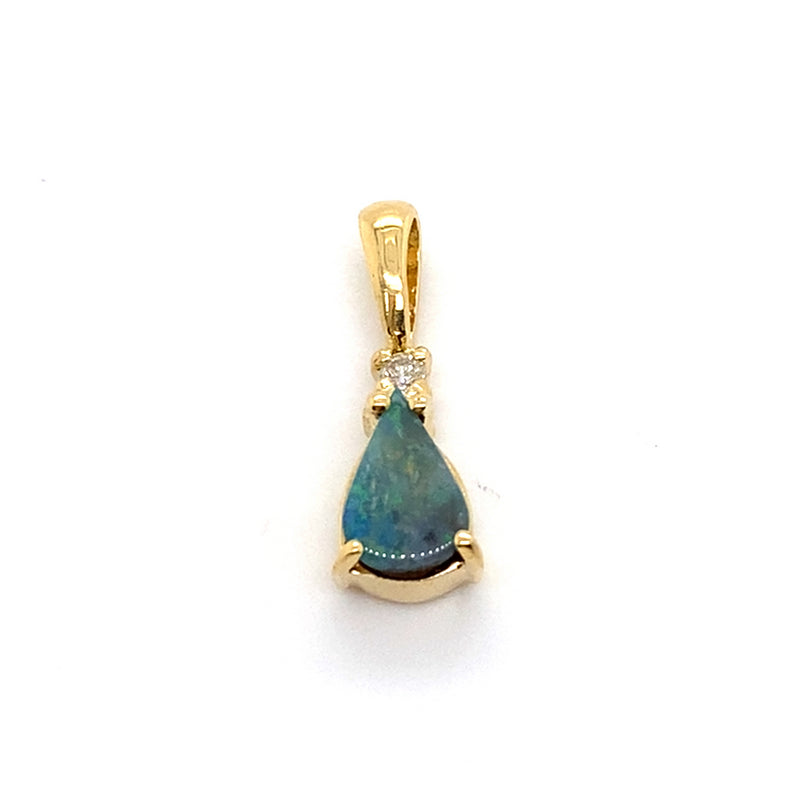 14CT YELLOW GOLD CABOCHON CUT BOULDER OPAL & DIAMOND PENDANT