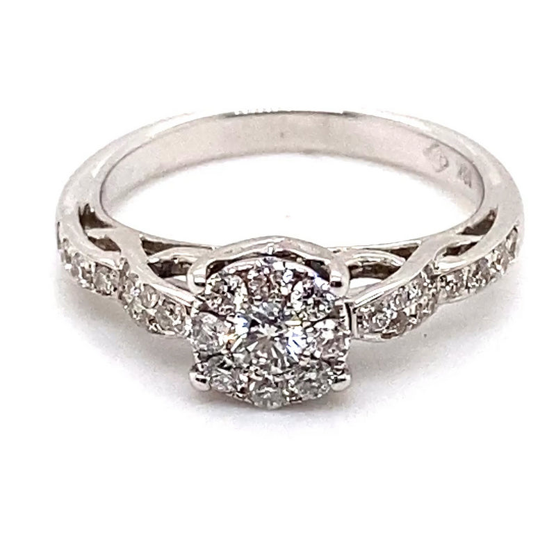 18CT WHITE GOLD ROLLING SHOULDER DIAMOND DRESS RING VALUED @ $2799