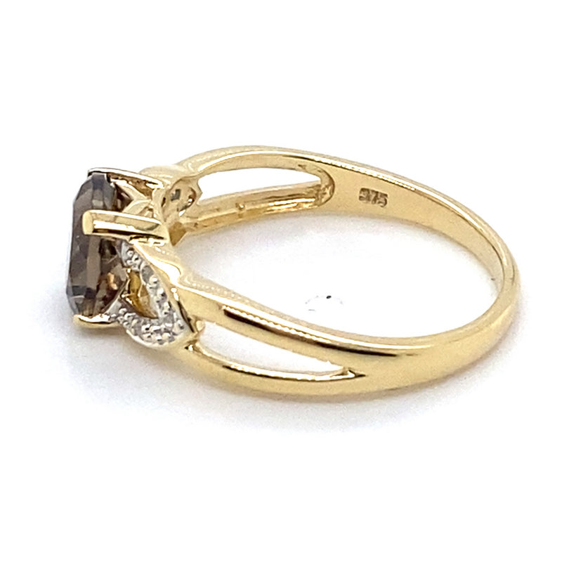 9CT YELLOW GOLD SMOKEY QUARTZ & DIAMOND DRESS RING
