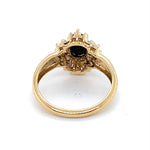 9CT YELLOW GOLD BLUE/BLACK SAPPHIRE SURROUNDED BY DIAMONDS DRESS RING