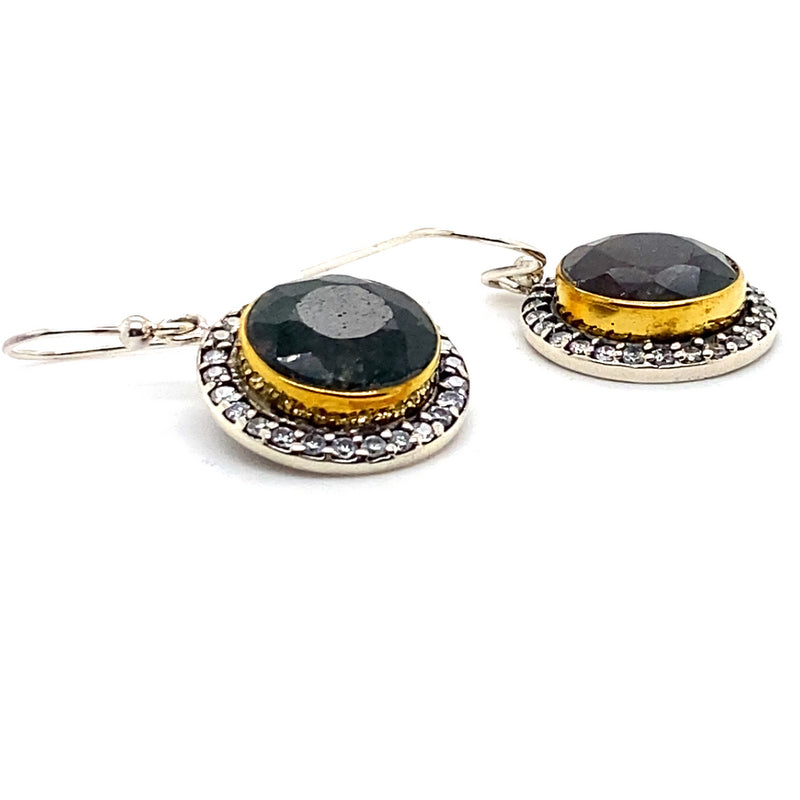 SILVER & BRASS GLASS FILLED SAPPHIRES & WHITE TOPAZ DROP STYLE EARRINGS