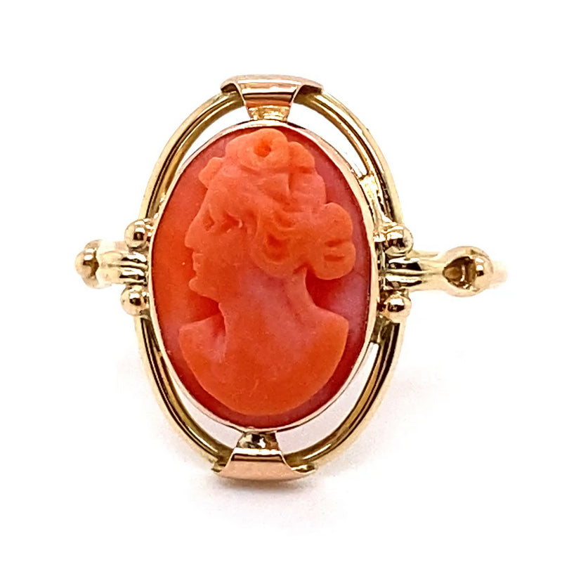 9CT ROSE GOLD CARVED PINK CORAL CAMEO RING VALUED @ $1499