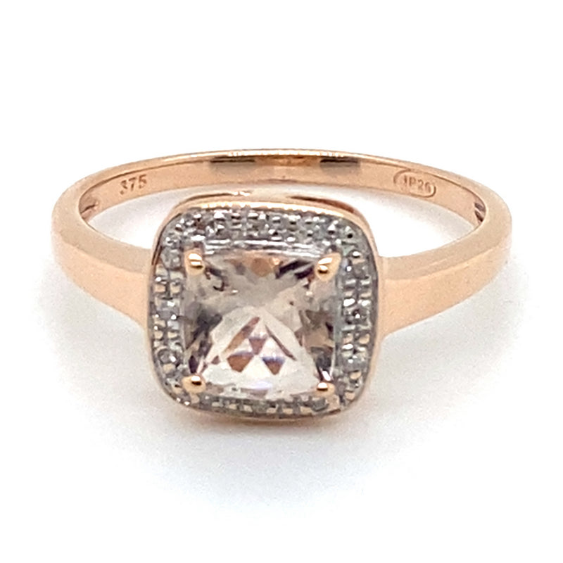 9CT ROSE GOLD MORGANITE SURROUNDED BY DIAMOND DRESS RING