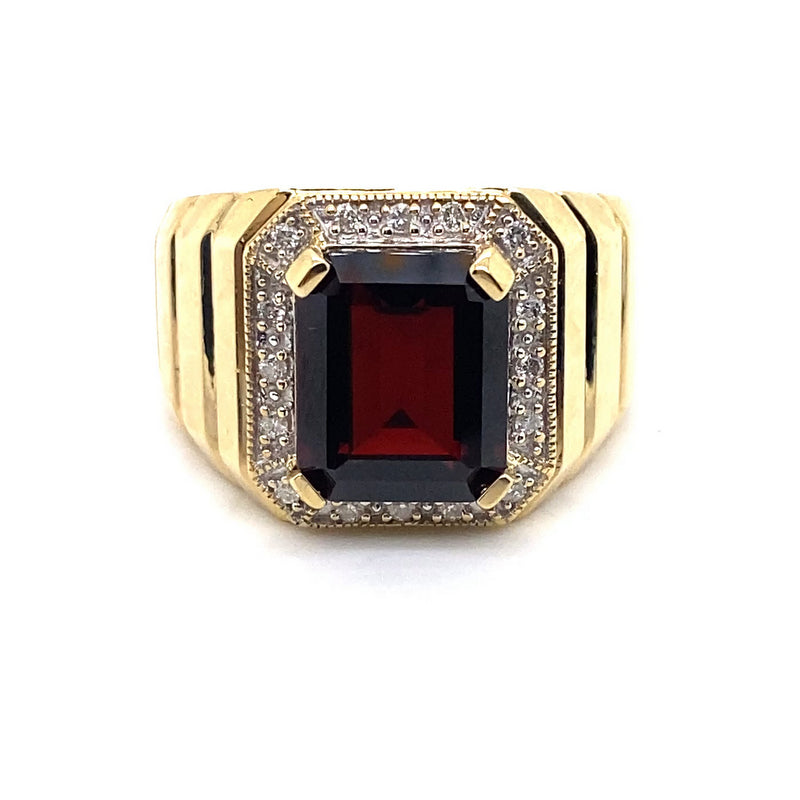 9CT YELLOW GOLD THICKENED TOP GARNET & DIAMOND MENS RING VALUED @ $3399