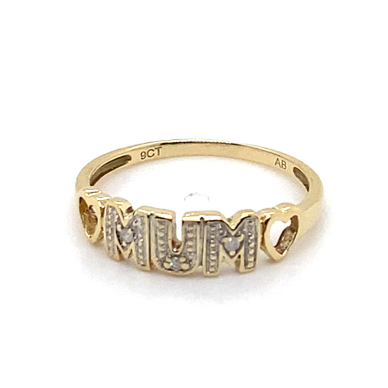 9CT YELLOW GOLD 3 DIAMONDS SET IN "MUM" RING
