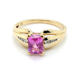 9CT YELLOW GOLD SYNTHETIC PINK SAPPHIRE & DIAMOND DRESS RING