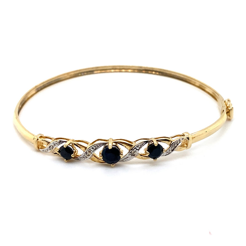 9CT YELLOW GOLD SAPPHIRES & DIAMONDS SET IN HINGED BANGLE