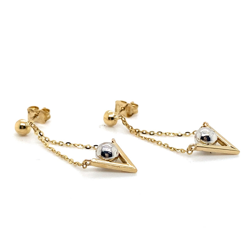 9CT YELLOW & WHITE GOLD V SHAPE WITH BALL ON DROP CHAIN STUD EARRINGS