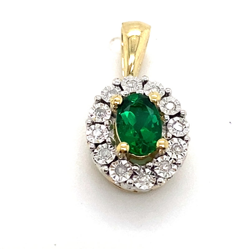 9CT YELLOW GOLD SYNTHETIC EMERALD SURROUNDED BY DIAMONDS PENDANT