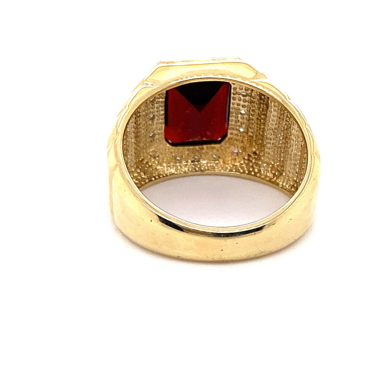 9CT YELLOW GOLD THICKENED TOP GARNET & DIAMOND MENS RING VALUED @ $3399