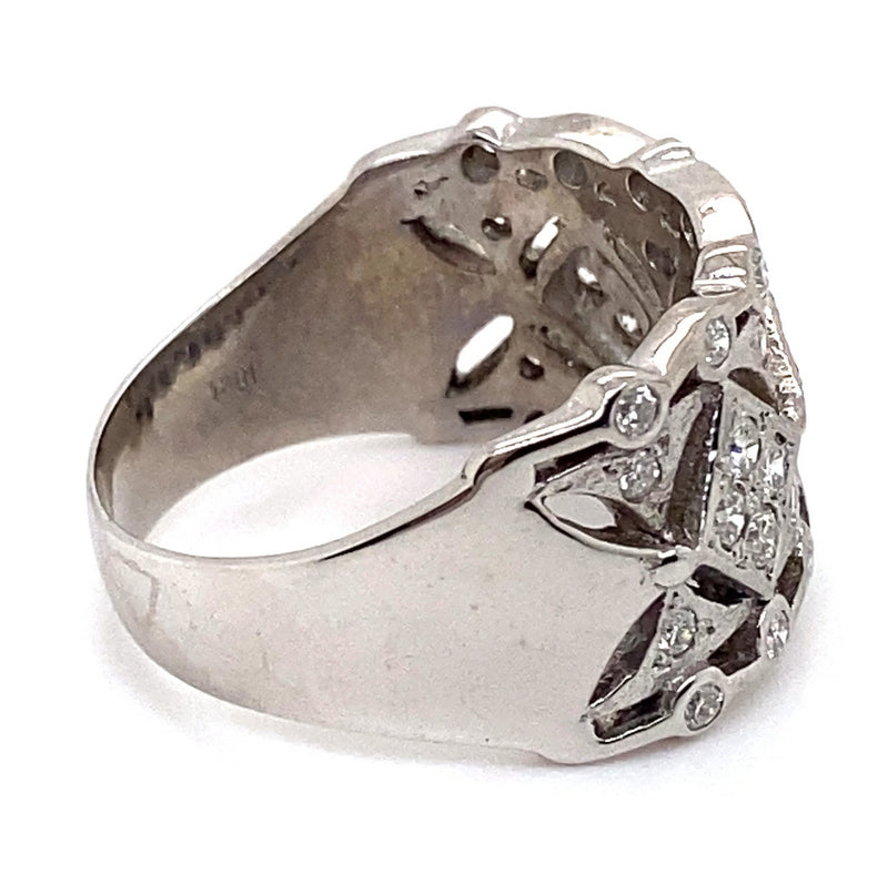 18CT WHITE GOLD FILIGREE THICKENED TOP DIAMOND DRESS RING VALUED @ $6599