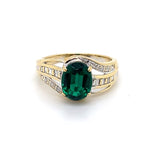 9CT YELLOW GOLD SYNTHETIC EMERALD & DIAMOND DRESS RING
