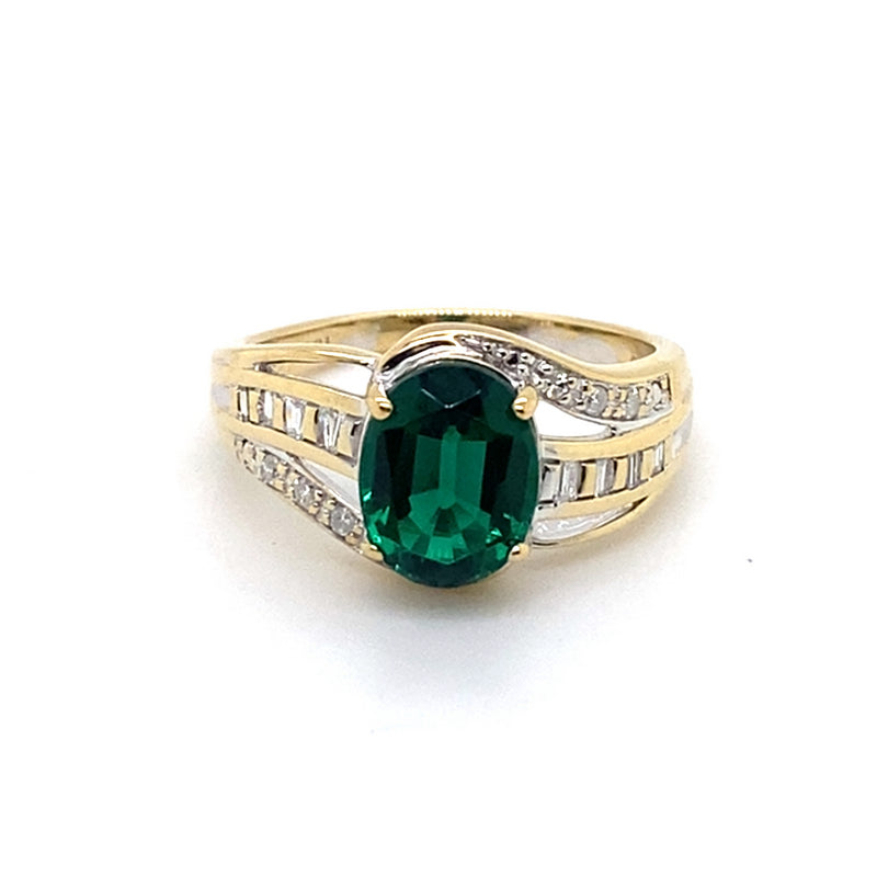 9CT YELLOW GOLD SYNTHETIC EMERALD & DIAMOND DRESS RING