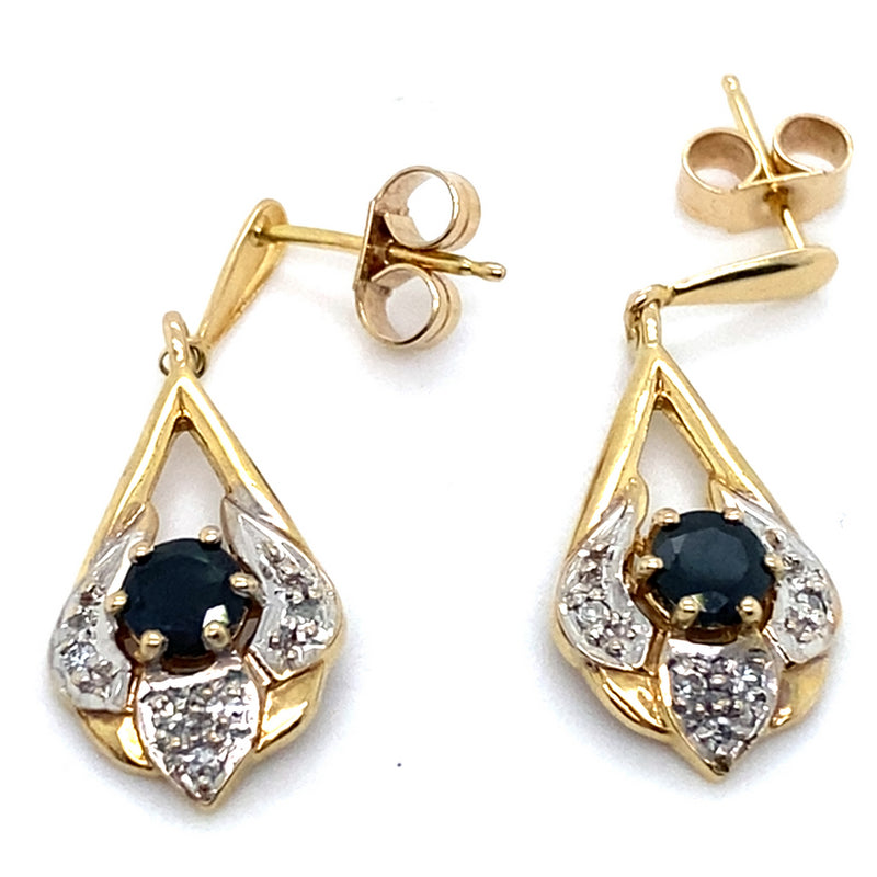 9CT YELLOW GOLD ROUND SAPPHIRE AND DIAMOND DROP STYLE EARRING