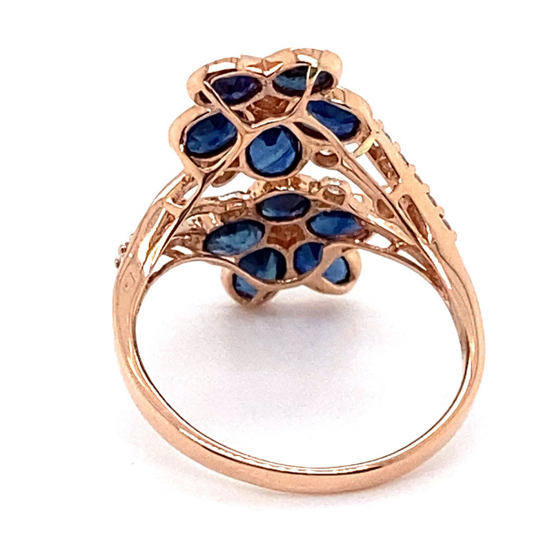14CT ROSE GOLD SPLIT SHOULDER SAPPHIRE & DIAMOND DRESS RING VALUED @ $3299