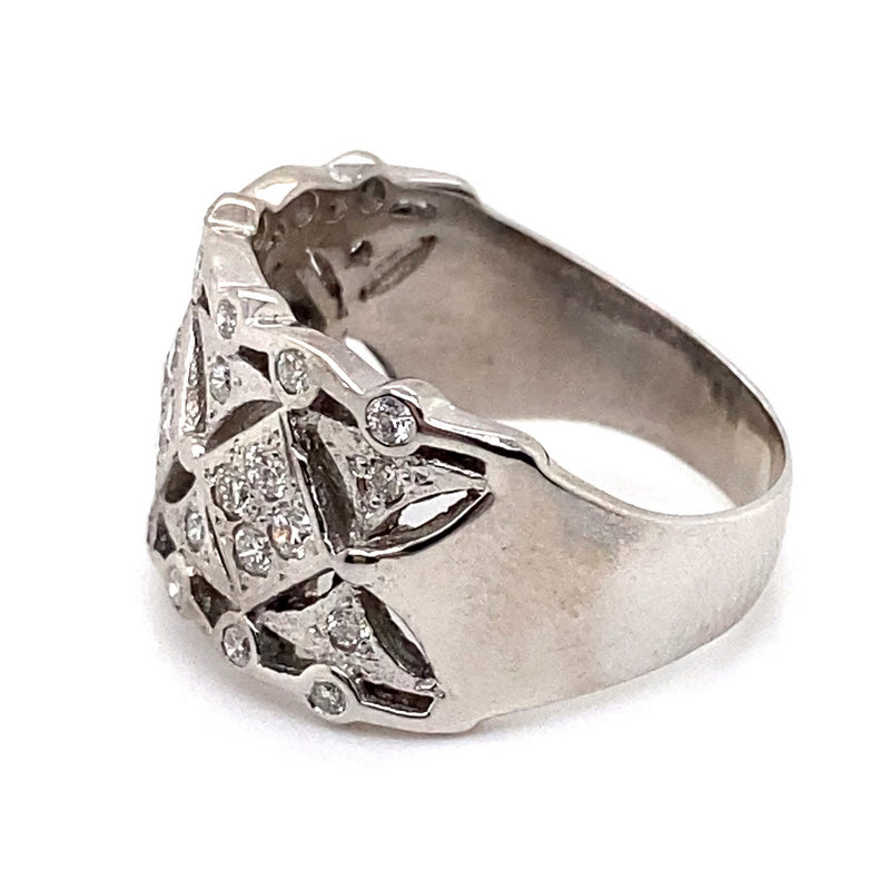 18CT WHITE GOLD FILIGREE THICKENED TOP DIAMOND DRESS RING VALUED @ $6599