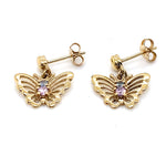 9CT YELLOW GOLD BLUE & PINK STONES SET IN BUTTERFLY STUD EARRING