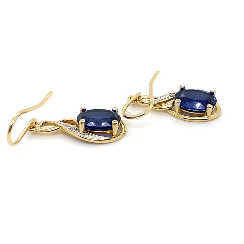9CT YELLOW GOLD CREATED SAPPHIRE & DIAMOND EARRINGS