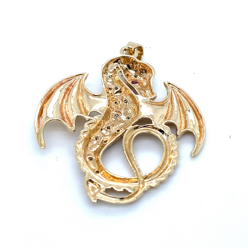 9CT YELLOW GOLD RUBIES & DIAMONDS SET IN DRAGON PENDANT