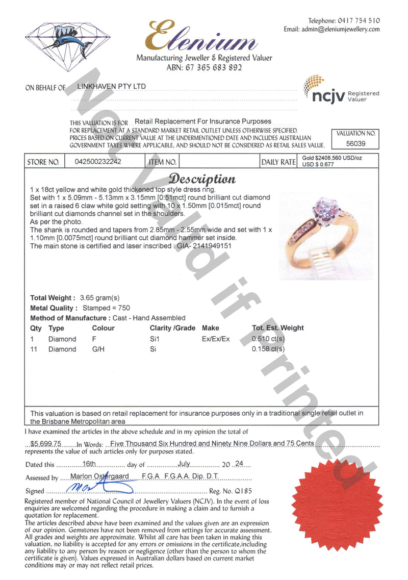 18ct GOLD GIA DIAMOND DRESS RING TDW: 0.66ct VAL: $5699