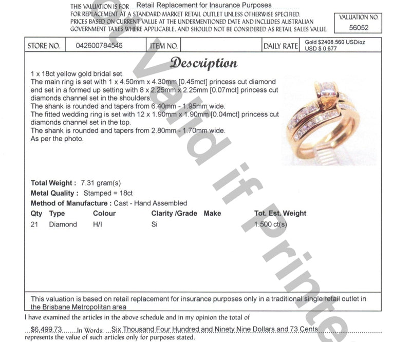 18ct YELLOW GOLD DIAMOND BRIDAL SET TDW: 1.5ct VAL: $6499