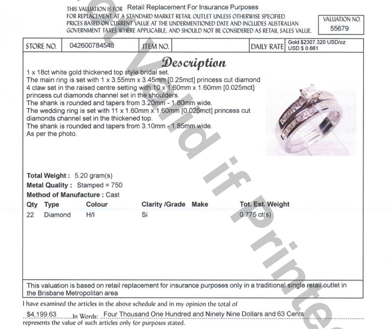 18ct WHITE GOLD DIAMOND BRIDAL SET TDW: 0.775ct VAL: $4199