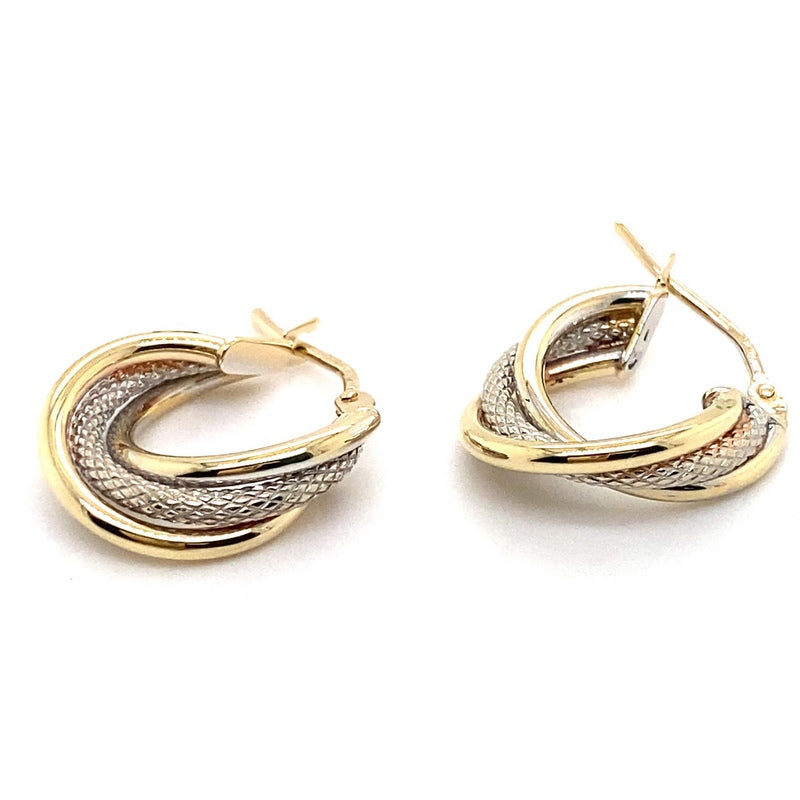 9CT YELLOW & WHITE GOLD THREE HOOP TWIST EARRINGS TW 0.9g