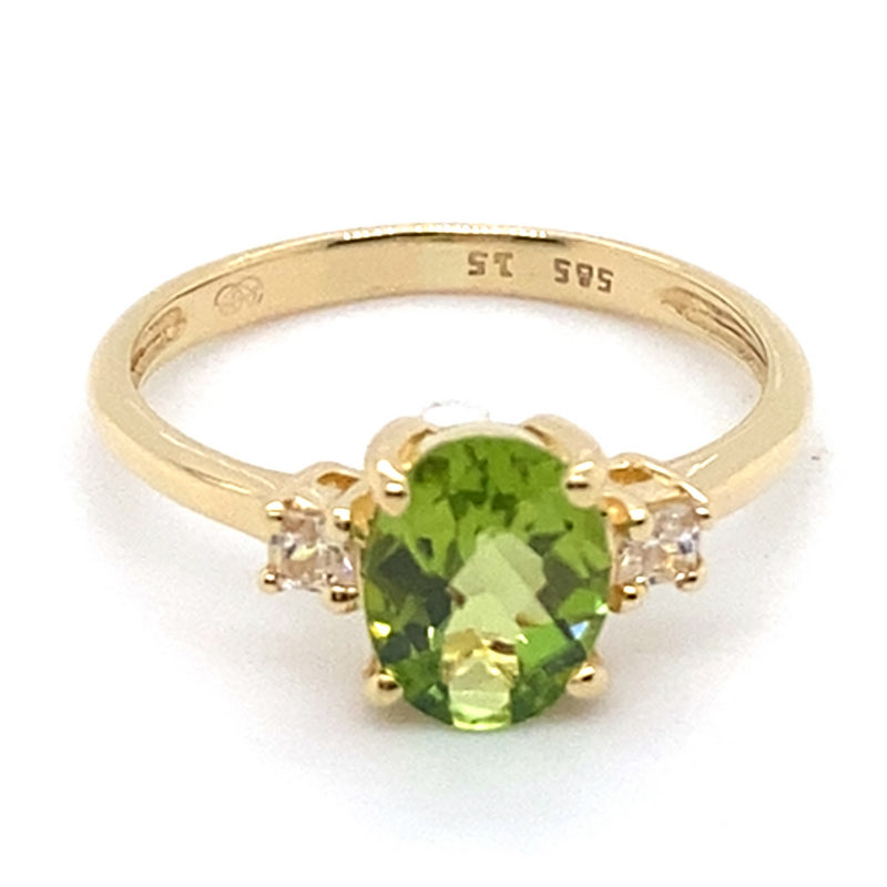 14CT YELLOW GOLD PERIDOT & CUBIC ZIRCONIA TRILOGY SETTING DRESS RING
