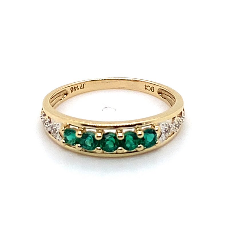 9CT YELLOW GOLD SYNTHETIC EMERALD & DIAMOND DRESS RING