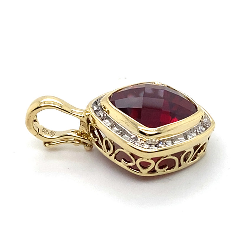 9CT YELLOW GOLD SYNTHETIC RUBY SURROUNDED BY DIAMONDS ENHANCER PENDANT