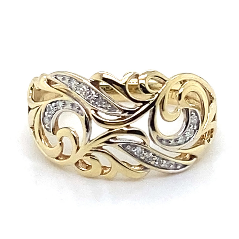 9CT YELLOW GOLD DIAMONDS SET IN FILIGREE PATTERN DRESS RING