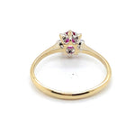 9CT YELLOW GOLD NATURAL RUBY SURROUNDED BY  DIAMONDS DRESS RING