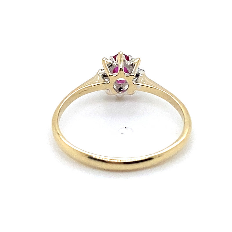 9CT YELLOW GOLD NATURAL RUBY SURROUNDED BY  DIAMONDS DRESS RING