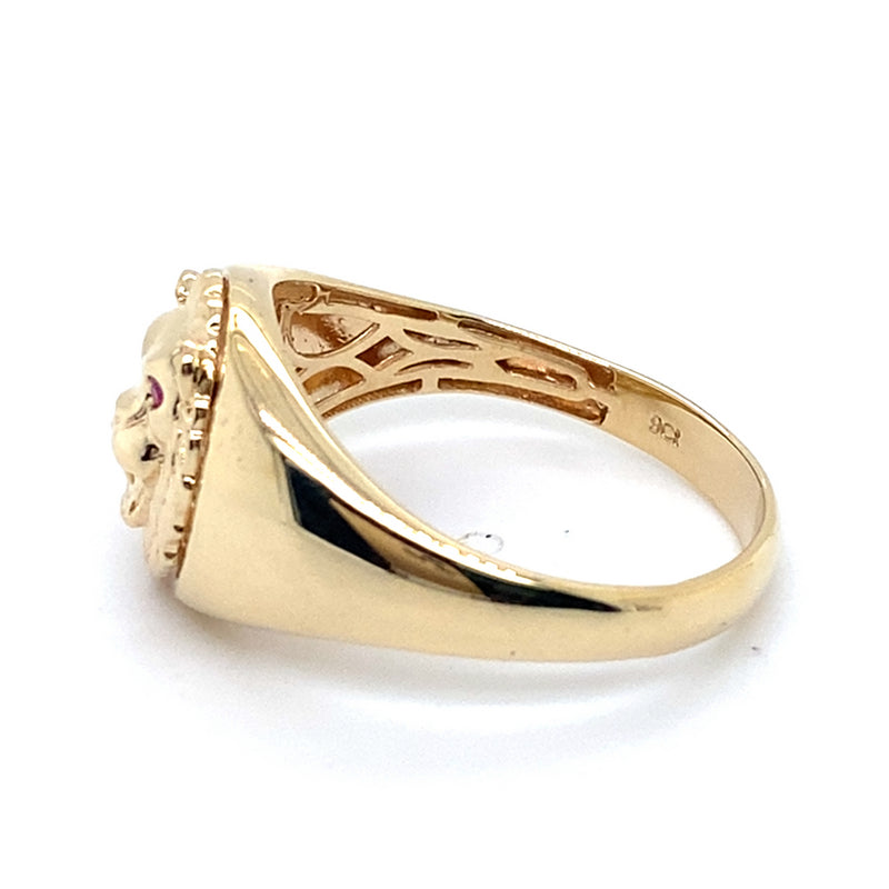 9CT YELLOW GOLD SYNTHETIC RUBIES SET IN LIONS HEAD MENS DRESS RING