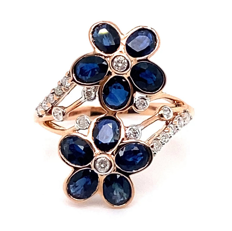 14CT ROSE GOLD SPLIT SHOULDER SAPPHIRE & DIAMOND DRESS RING VALUED @ $3299