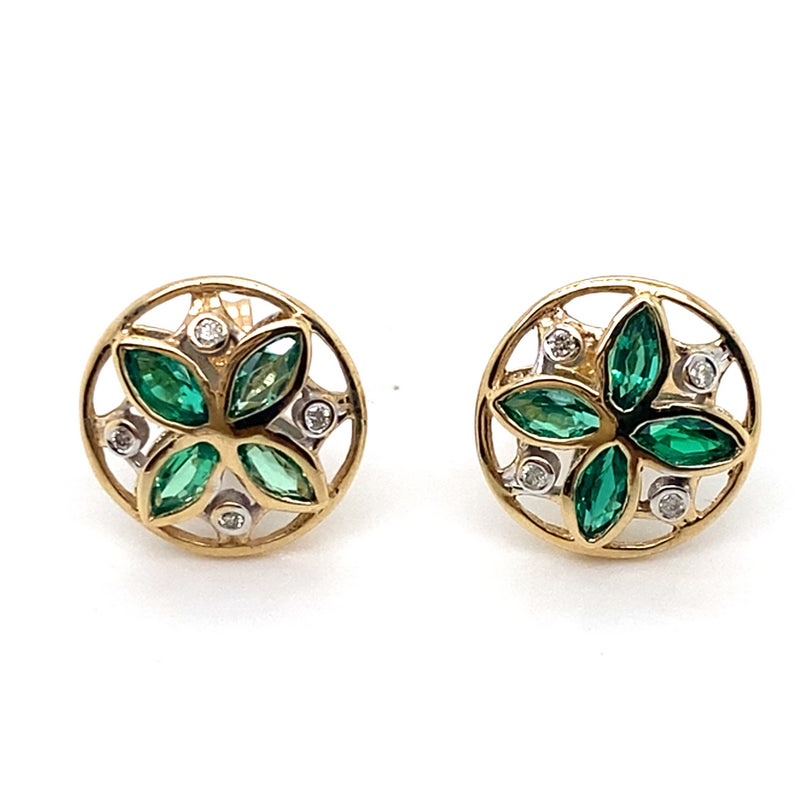 9CT YELLOW GOLD SYNTHETIC EMERALD & DIAMONDS SET IN FLOWER PATTERN STUD EARRING