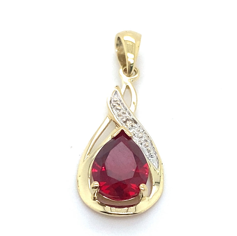 9CT YELLOW GOLD SYNTHETIC RUBY & DIAMOND SET IN DROP STYLE PENDANT