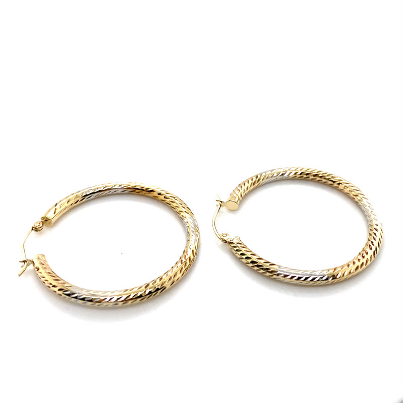 9CT YELLOW & WHITE GOLD ROUND PATTERNED HOOP EARRINGS TW 2.1g