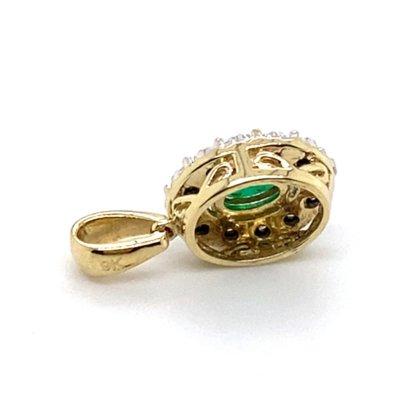 9CT YELLOW GOLD SYNTHETIC EMERALD SURROUNDED BY DIAMONDS PENDANT