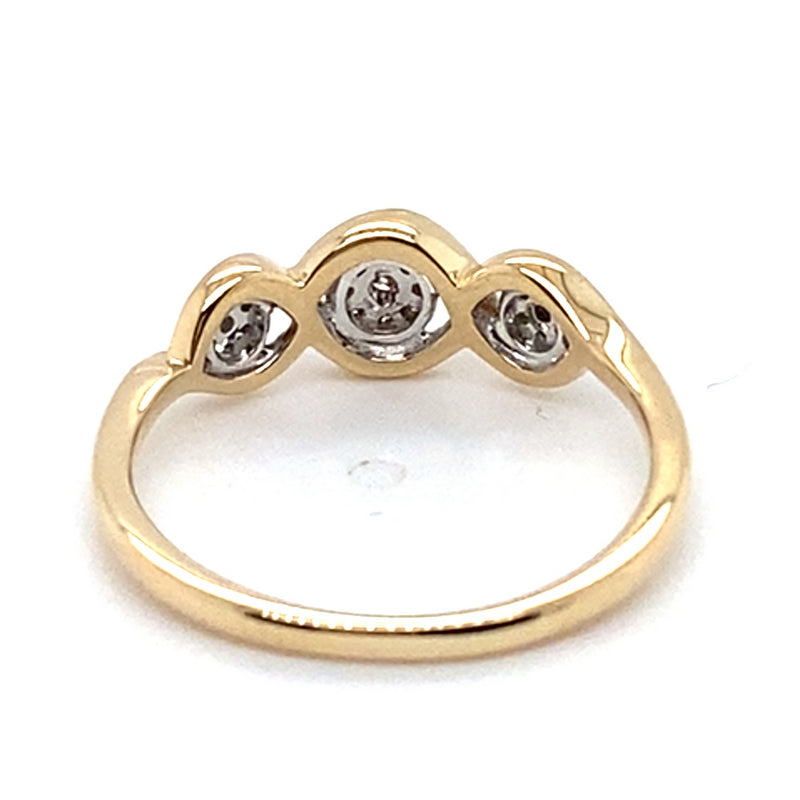9CT YELLOW GOLD DIAMONDS SET IN THREE MINI CLUSTERS DRESS RING